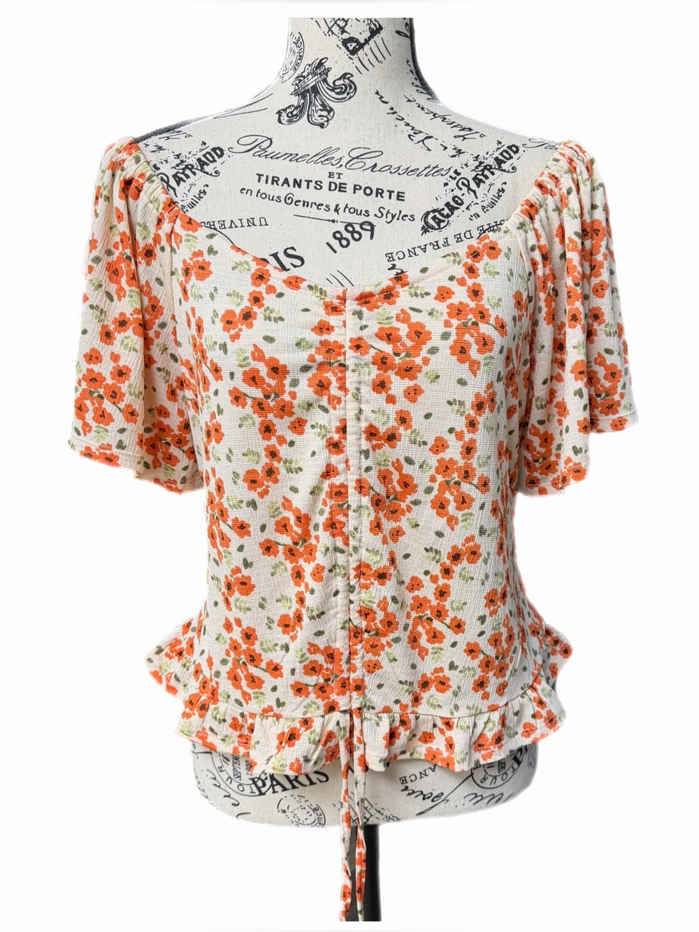 Cato Floral Smocked Peplum Blouse Short Sleeve L Cream Orange Floral
